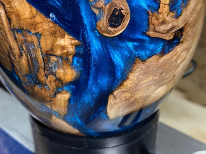 Custom blue resin and wood bowl commissioned from Turning Bytes