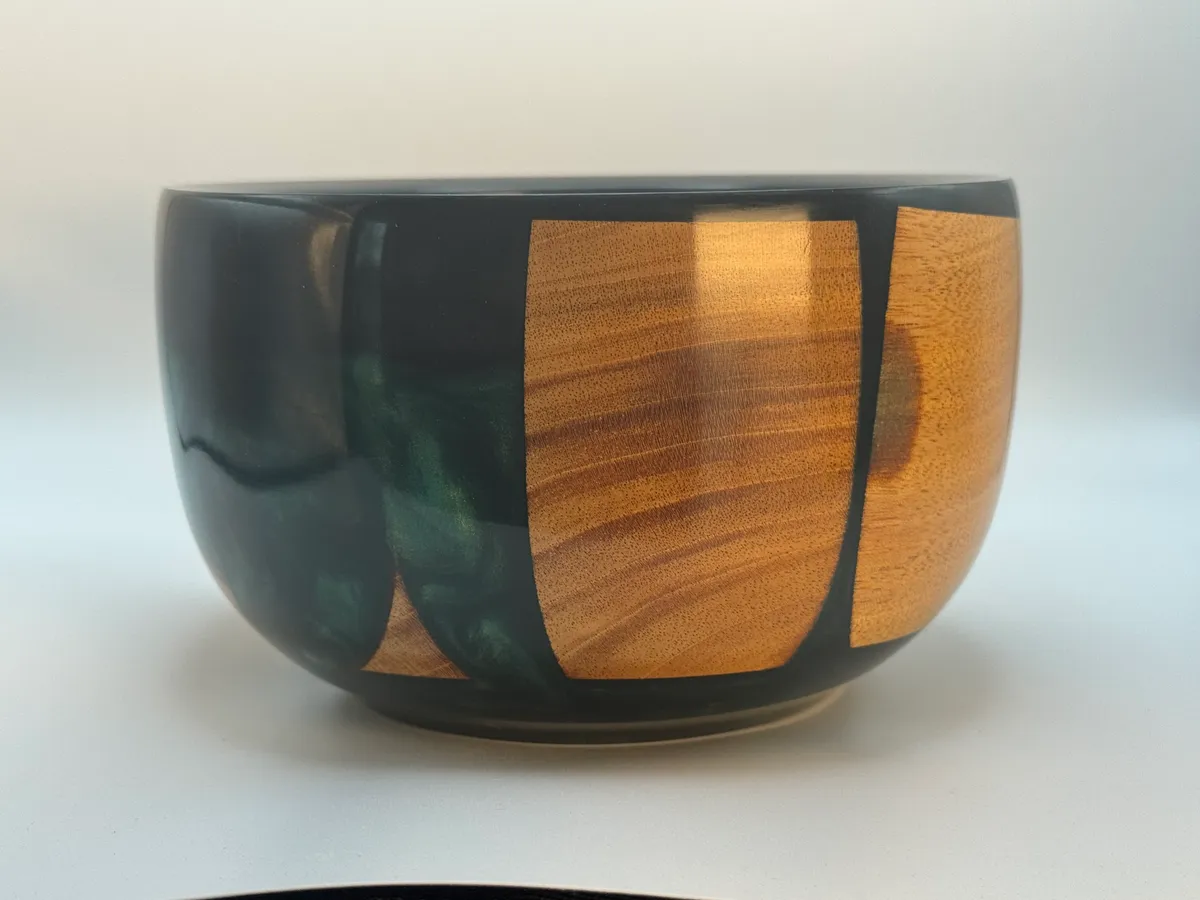 Cherry wood and dark green resin bowl made as a housewarming gift