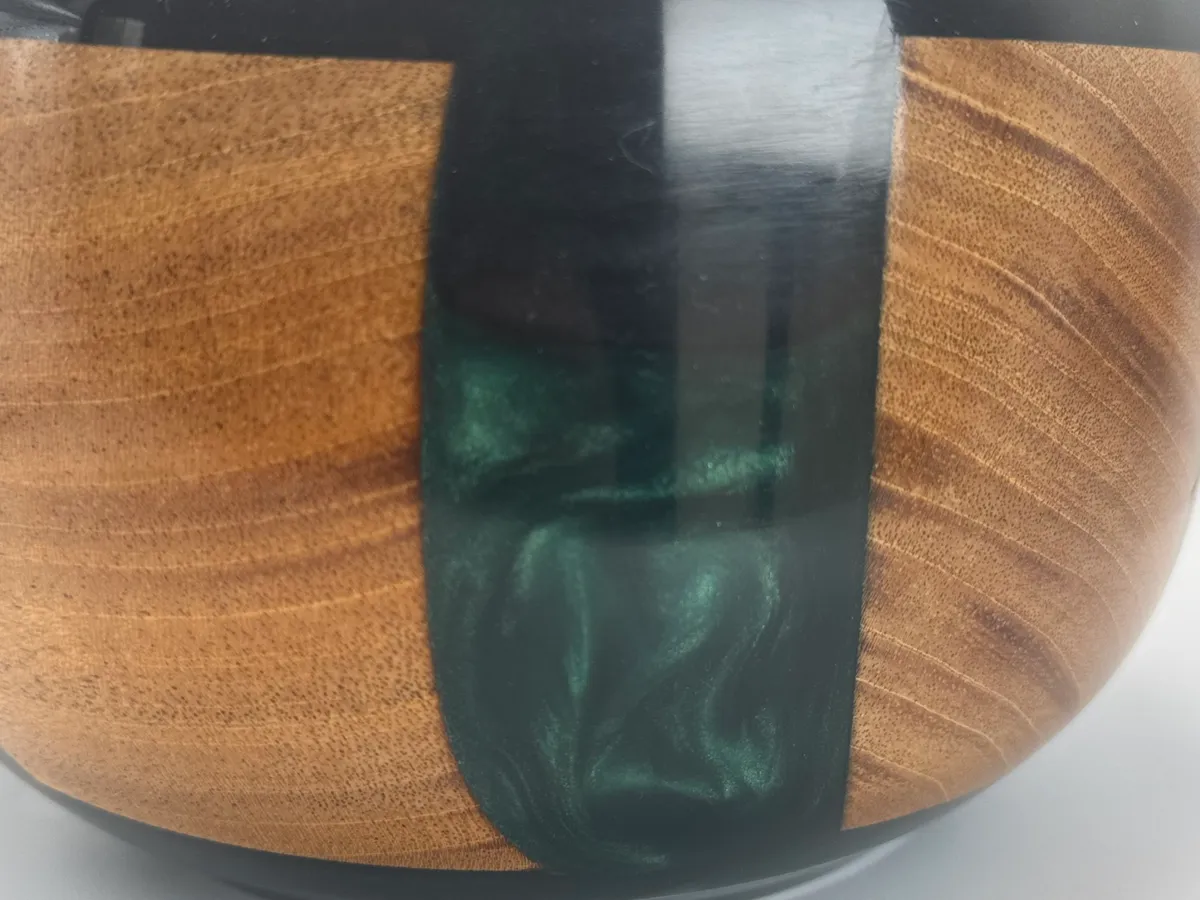 Finished cherry and green resin bowl shown from above
