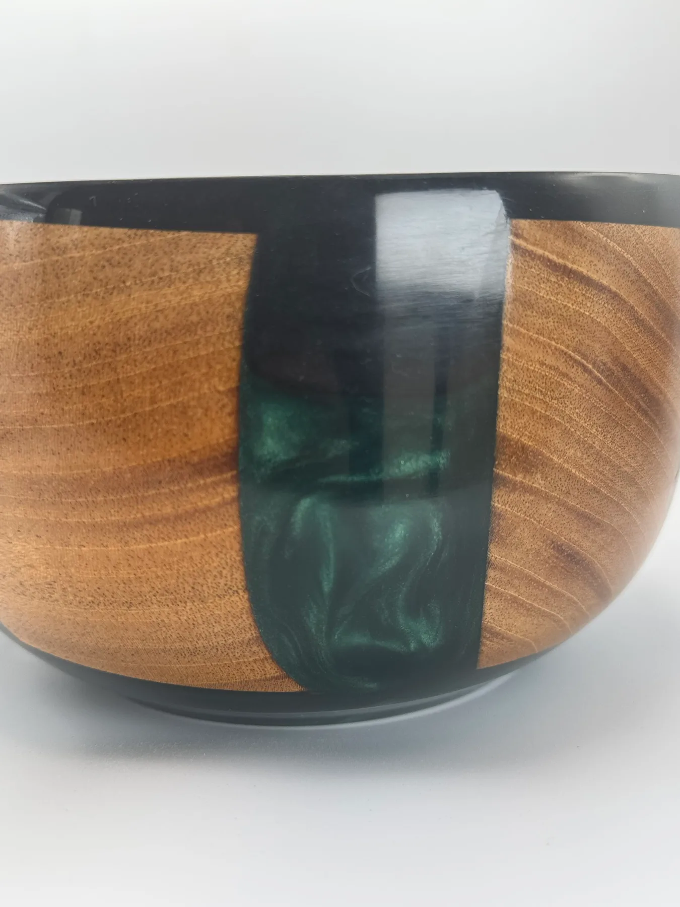 Finished cherry and green resin bowl shown from above