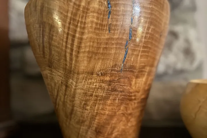 White Oak Burl Vase — Waterlox Finish & Blue Resin Detail