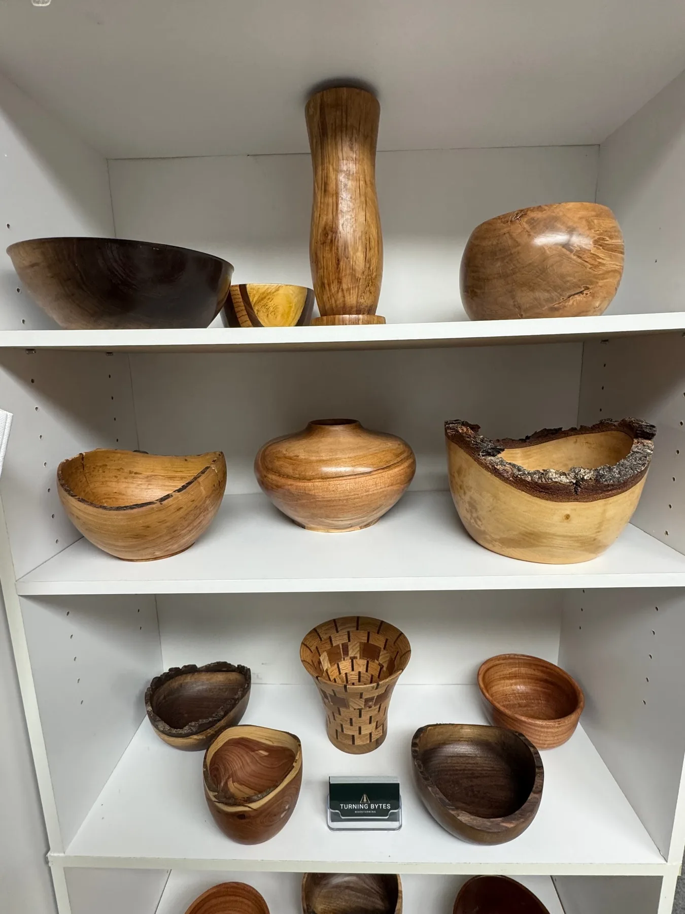 Turning Bytes workshop display with finished wood pieces