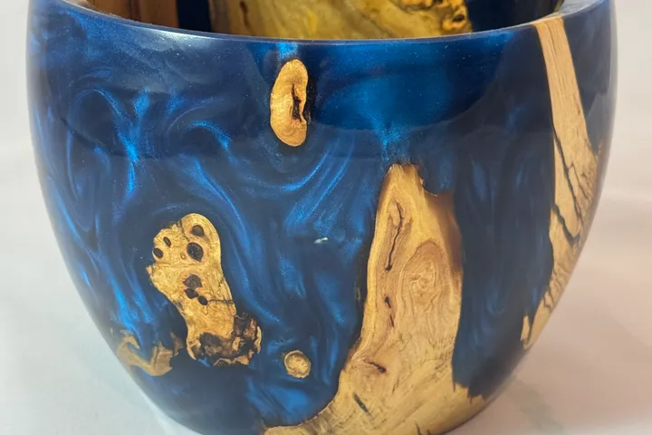 Spalted Apple & Electric Blue Resin Bowl — My First Resin Piece