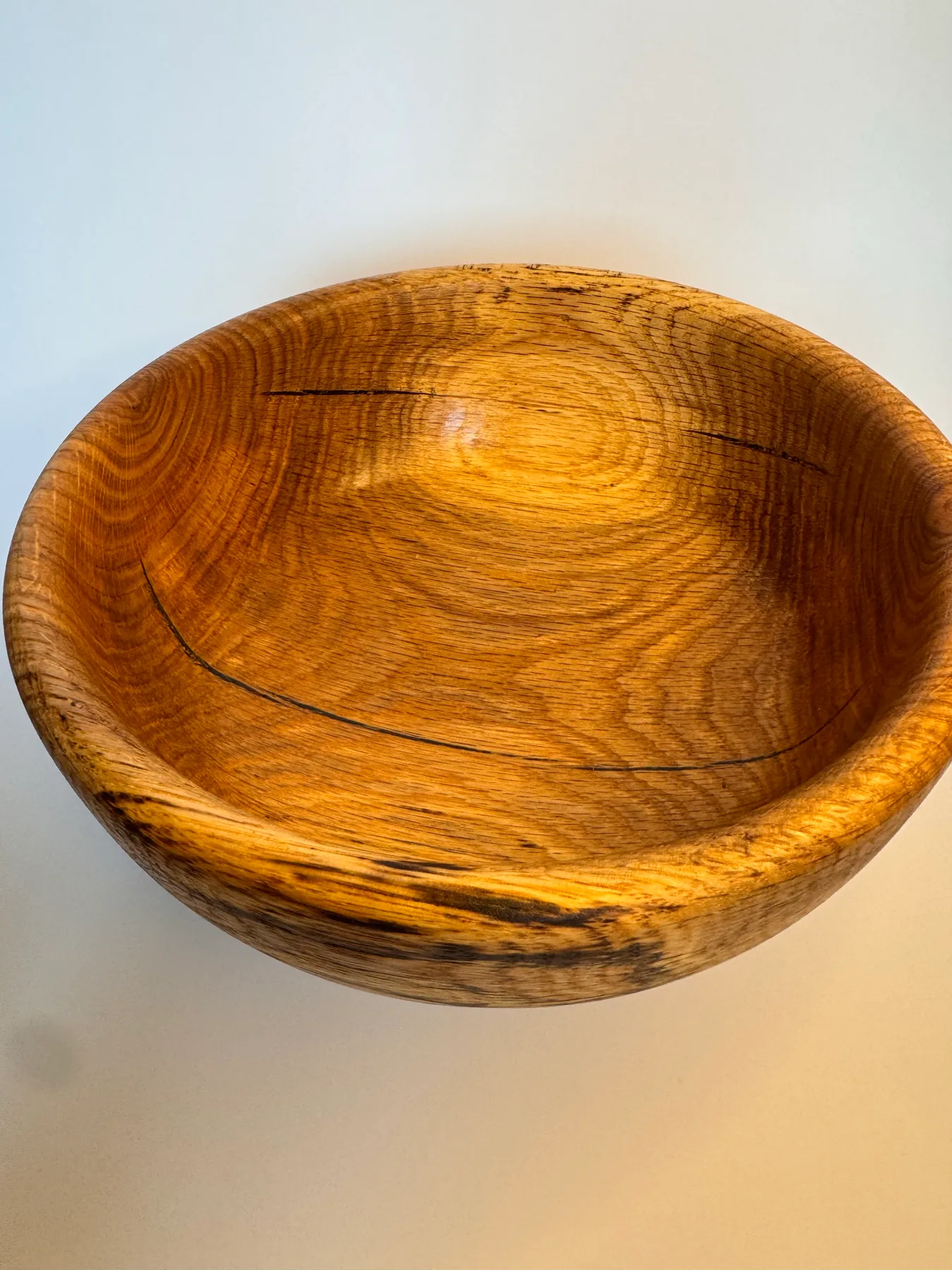 Interior view of spalted oak bowl showing oak grain and natural markings