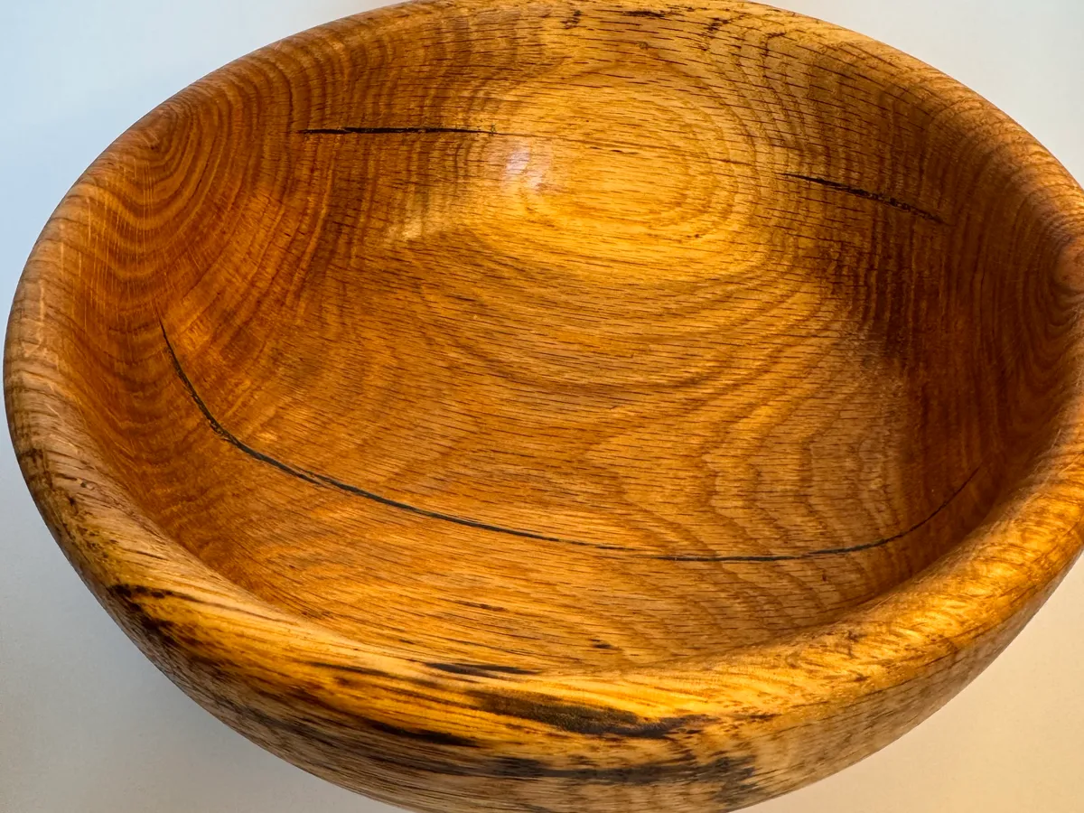 Interior view of spalted oak bowl showing oak grain and natural markings