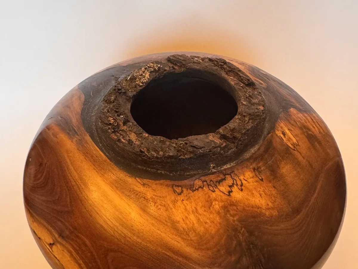 Top view of walnut hollow form showing dark circular opening and textured bark rim