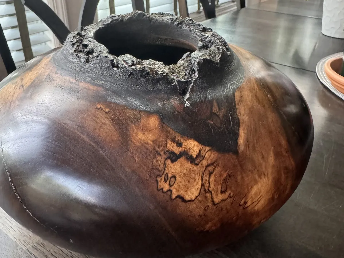 Walnut hollow form displayed on a table with bark-edged opening and dark polished body