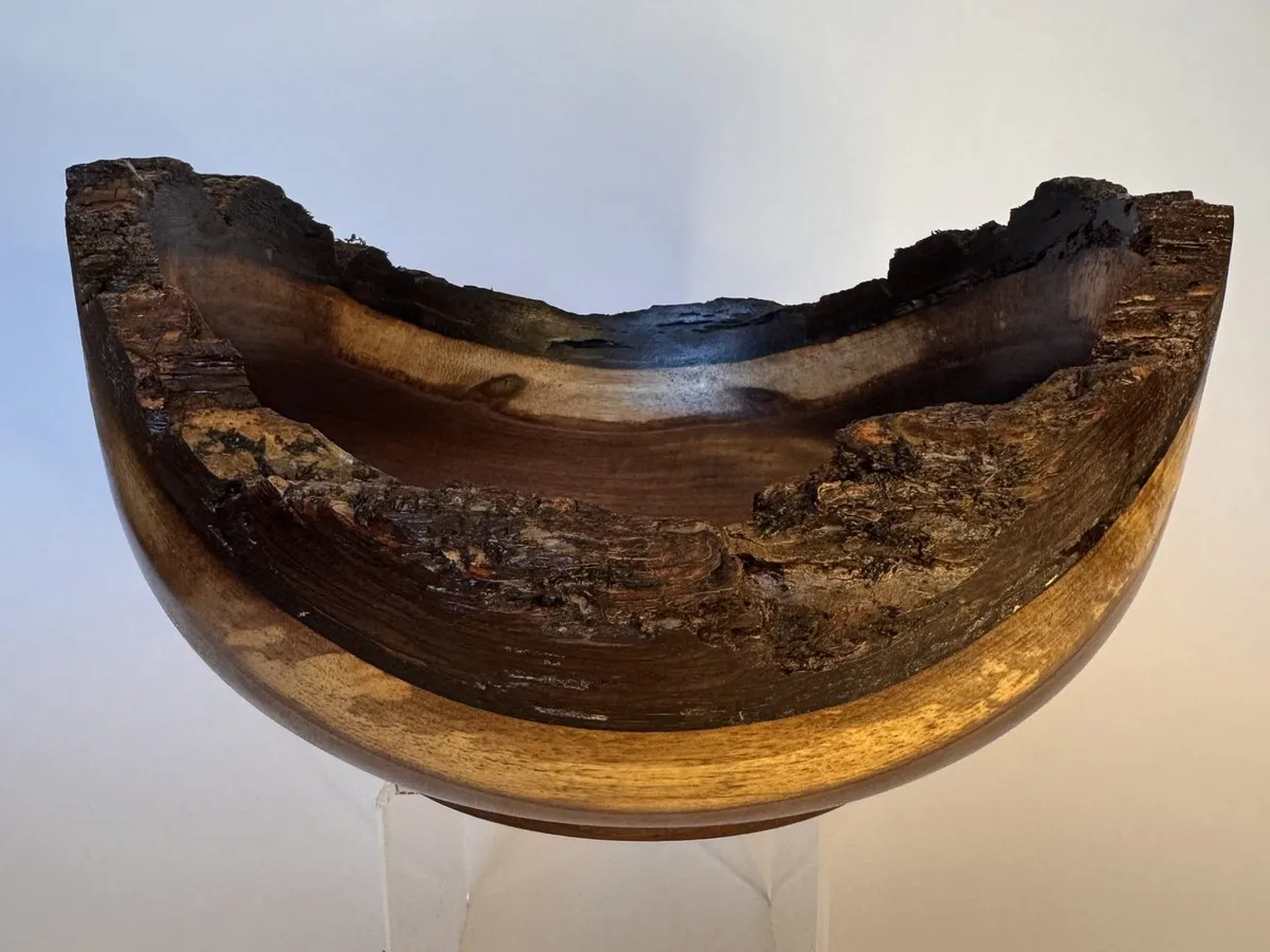 Side view of natural edge walnut bowl showing tall bark crown and golden sapwood band
