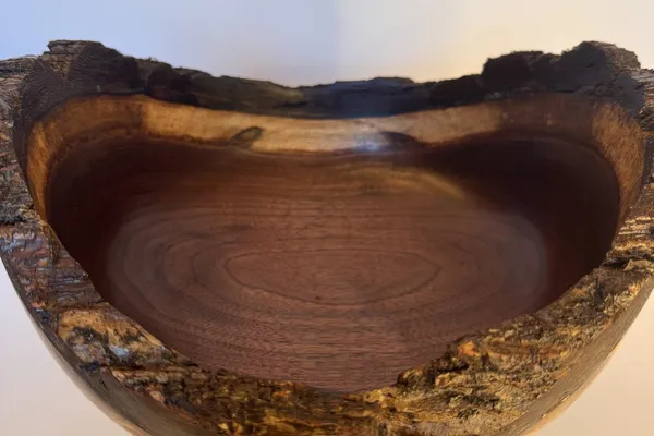 Natural Edge Walnut Bowl — Deep Wide Bark-Rim Form