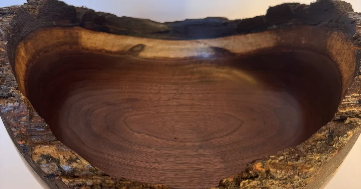 Natural Edge Walnut Bowl — Deep Wide Bark-Rim Form