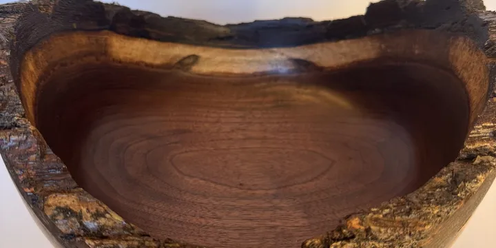 Natural Edge Walnut Bowl — Deep Wide Bark-Rim Form