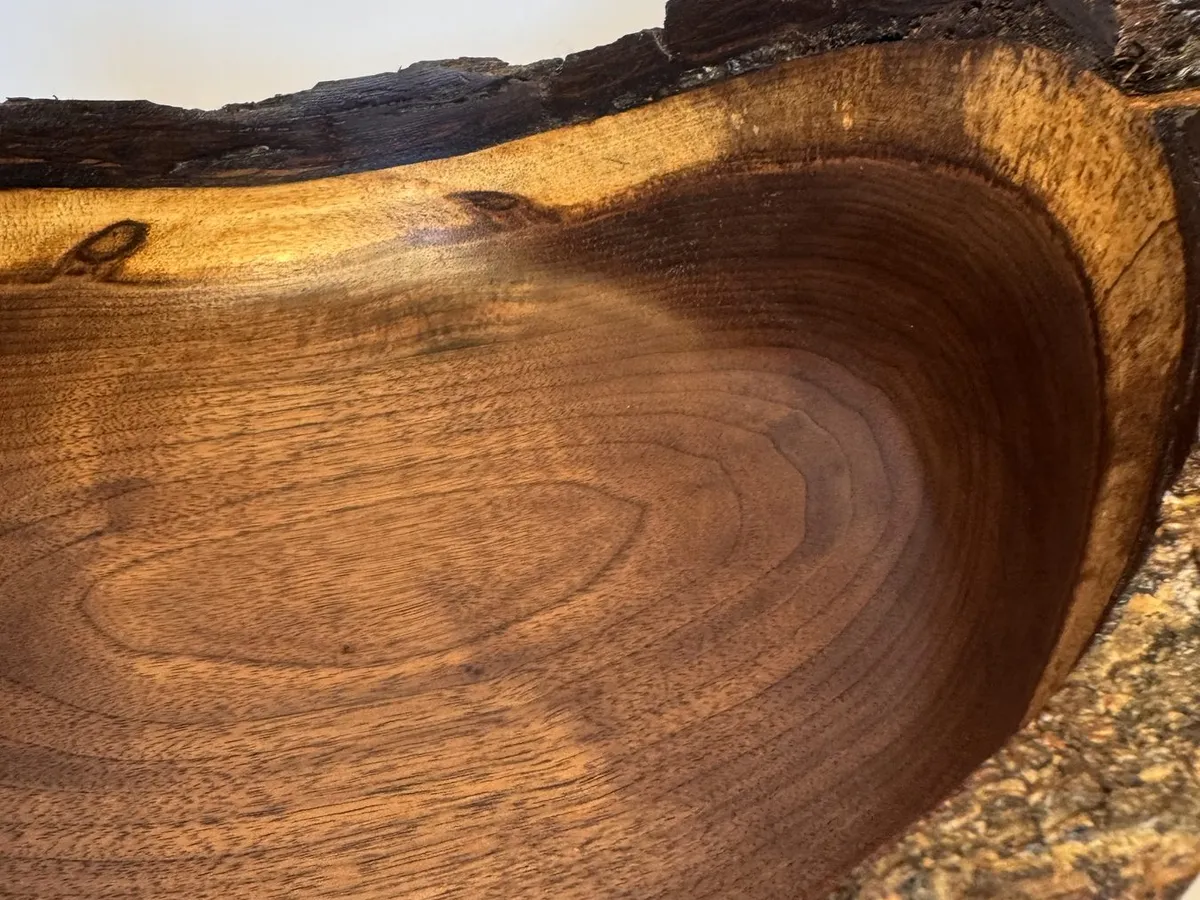 Interior close view of natural edge walnut bowl with dark heartwood and bark rim