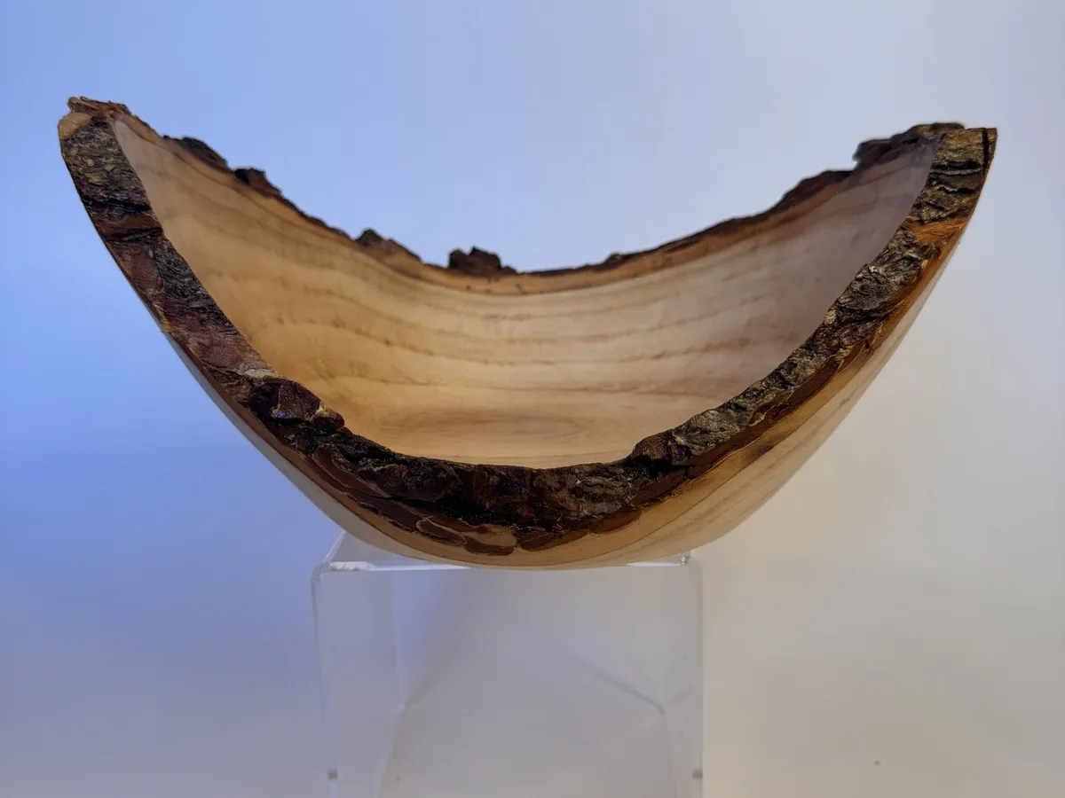 Side profile of winged maple bowl showing bark edge rising at both ends